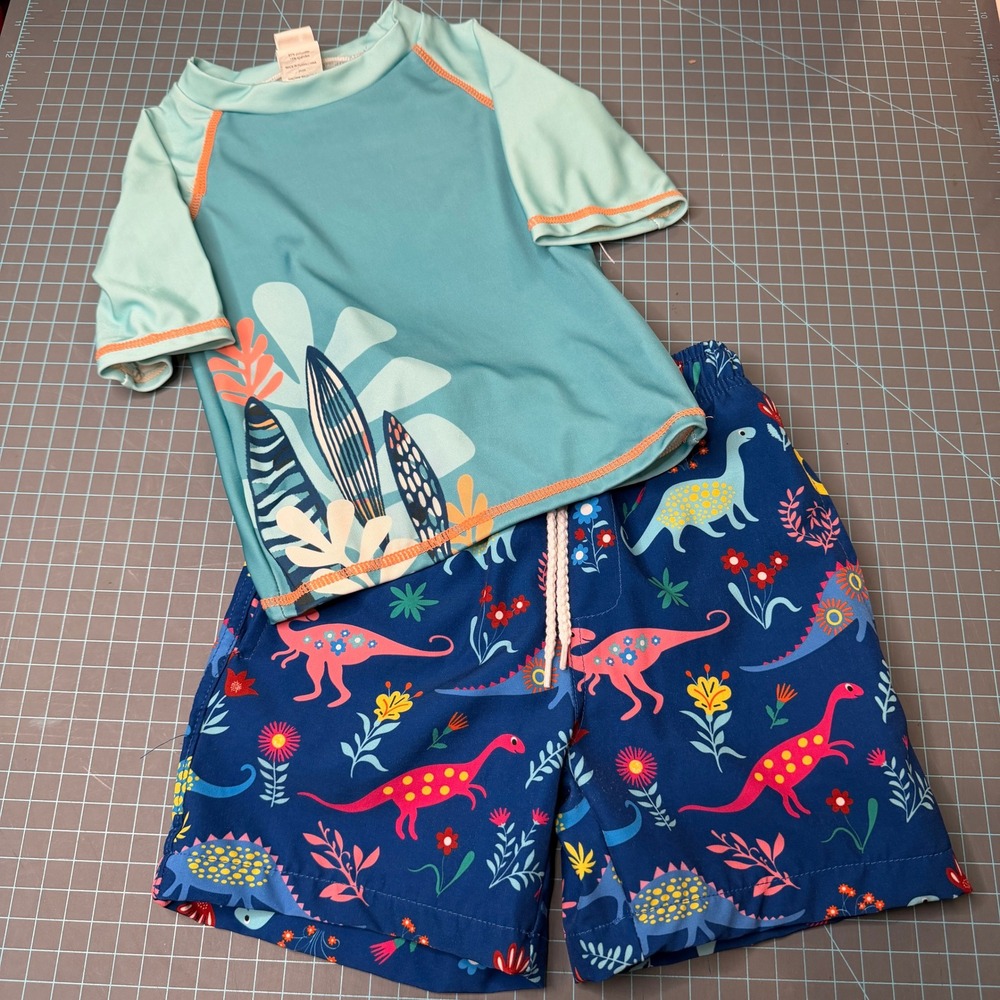 Millie & Maxx Toddler Dinosaur Swim Trunks and Rash Guard Set Boys 2T Blue Teal